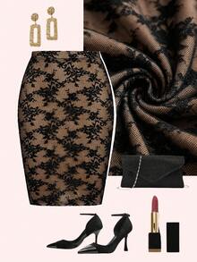 Ellevyn Falda ajustada romántica y elegante con encaje para uso diario - Negro - Ver 7