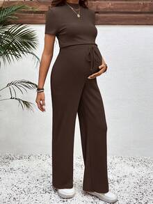 SHEIN Maternity Solid Color Short Sleeve Comfortable Breathable 2 Pieces Set, Summer - Coffee Brown - View 5