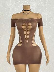 Jeanoix Women's Sexy Brown Hollow-Out Short Sleeve Mini Dress - Brown - View 3