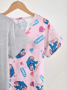 2件套 女童简约可爱卡通绵羊印花短袖长款睡衣套装，粉色和灰色 - 彩色 - 查看 4