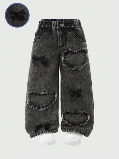 SHEIN Young Girls Loose Fit Jeans, Mid-Blue Wash, Butterfly & Heart Applique Design, Elastic Waist, Comfortable Cotton, Casual, Suitable For Daily Wear, Party, Travel, Outdoor