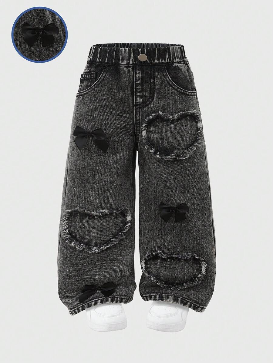 SHEIN Quần jeans dáng rộng cho bé gái, màu xanh nhạt, họa tiết bướm và trái tim thêu nổi, cạp chun, chất liệu cotton thoải mái, kiểu dáng thường ngày, phù hợp cho mặc hàng ngày, dự tiệc, du lịch và hoạt động ngoài trời. - Màu Xám nhạt - Xem 1