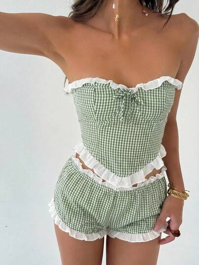 Aloruh Y2K Green Plaid Cute Petite Women 2 Pieces Set, Suitable For Island Vacation, Music Festival, And Concerts,Easter,St Patrick Day,Carnaval,Office Wear Women,Going Out,Date Night,Concert Outfit Women,Casual,Elegant,Going Out Set,2pcs