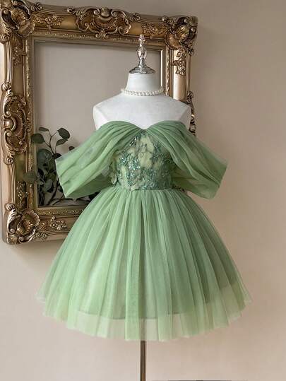 Lovelzi Elegant Blue Off-Shoulder Hanging Sleeve Dress, Luxurious Romantic Lace 3D Floral Embroidery, Sequins Beaded Fishbone Tape Handmade 3D Floral Applique Super Large A-Line Skirt, Suitable For Dates, Vacations, Singles Parties, Weddings, Back To School Season, Short Women's Evening Party Gown