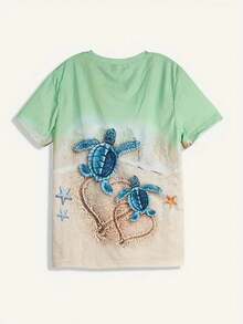 Women's V-Neck Short Sleeve Sweatshirt With Tie-Dye Printed Sea Turtle And Hawaiian Flower Patterns, Fashionable For Spring/Summer - Multicolor - View 2