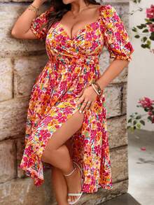 Breezaya Orange Bohemian Floral Deep V Puff Sleeve Split Dress - Orange - View 5