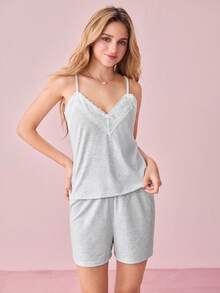 Bonmuse Lace Trimmed Camisole & Shorts Women's Pajama Set - Grey - View 1