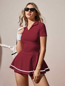 CourtClass Casual Ruffled Collar Half-Zip Short Sleeve Sports Dress Collared Athletic Dress Red Golf Dress Short Sleeve Tennis Dress Cute Tennis Outfit 2 Pieces Golf Skort Woman Sport Dress With Pockets Women's Tennis Dress Quick Dry Golf Dresses Women's Athletic Dresses Women's Golf Dress Athletic Dresses With Pockets Tennis Dresses For Women Quick Ship Items For Women Regular Size Women Clothes Women's Tennis Outfits - Burgundy - View 5