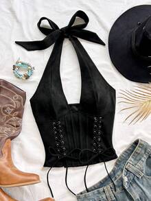 Soleia 新款性感V领系带麂皮解构女式背心，适合假日、约会、下午茶、度假、音乐节、波西米亚风、邮轮、海滩、圣诞节、新年、夜店等场合。 - 黑色 - 查看 3