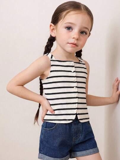 SHEIN Young Girl Striped Crew Neck Sleeveless Cardigan