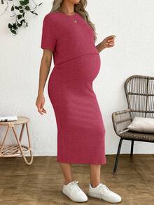SHEIN 2 piezas Conjunto de top de punto acanalado y falda de unicolor para maternidad - Rosa - Ver 8