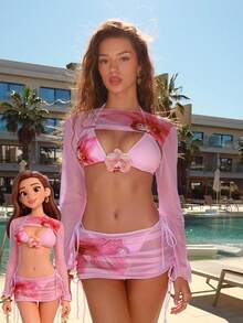 Bonvoyette 4件套女士夏季沙滩泳装套装，粉色兰花印花，吊带上衣，侧系带比基尼泳裤，网纱纱笼裙，性感泳装 - 粉色 - 查看 1