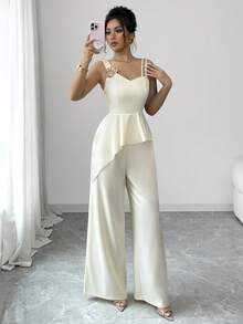 SHEIN Elenzya 女士杏色金色花卉装饰吊带露脐上衣，不规则下摆搭配阔腿裤，优雅休闲通勤度假复古法式街头时尚商务节日两件套，春夏款 - 杏色 - 查看 3