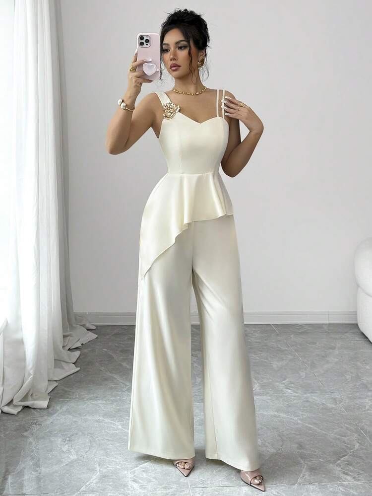 SHEIN Elenzya Conjunto de 2 piezas de top corto con tirantes de espagueti con decoración floral en color albaricoque y dorado, y pantalones de pierna ancha con bajo irregular, elegante y casual para uso diario, vacaciones, estilo vintage francés, negocios y festivales, primavera/verano - Albaricoque - Añade 3