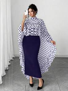 Elenzga Plus Size Chiffon Floral Print Ruffle Trim Cape Top + Knit Slip Dress Elegant 2-Piece Set For Party - Navy Blue - View 3