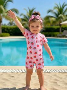 Baby Girl Strawberry Print Zipper Half-Placket Raglan Sleeve Swimsuit, Summer Beach Vacation - Pink - View 4