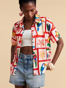 Travachic 波西米亚热带花卉印花女式衬衫 - 紅色 - 查看 5