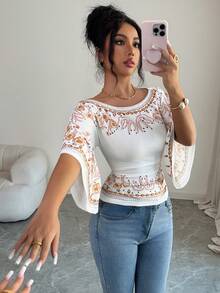 Elenzga 白色针织弹力喇叭袖露肩优雅印花T恤，女士百搭夏季T恤 - 杏色 - 查看 7