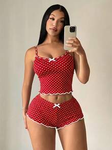 SHEIN SXY 大码女士休闲波点睡衣套装 - 吊带背心+短裤，两件套波点睡衣套装，女士波点睡衣套装，可爱蝴蝶结性感款 - 紅色 - 查看 13