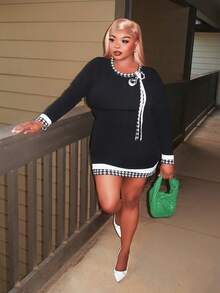 Enliva Đầm dài tay màu đen in chấm bi, họa tiết chuyển màu, cỡ lớn dành cho nữ, thích hợp cho lễ tốt nghiệp, phù hợp với dáng người quả táo và tròn trịa. - Nhiều màu - Xem 3