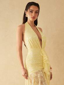 Silquee 女士V领露背高开衩荷叶边蕾丝连衣裙，春夏款 - 黃色 - 查看 5