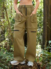 SHEIN In My Nature 女士拉链设计工装口袋可拆卸徒步裤 - 卡其色 - 查看 7