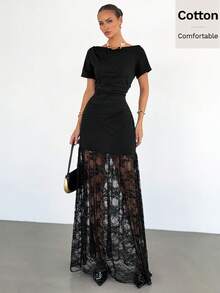 Siren Gaze 女士优雅黑色撞色蕾丝长裙，正式礼服 - 黑色 - 查看 5