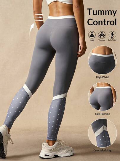 VARSIVA Polka Dot Pattern Gray Athletic Leggings, Polka Dot Patchwork Athletic Leggings, Suitable For Fitness, Pilates, Yoga, And Spring, Summer, Autumn And Winter.