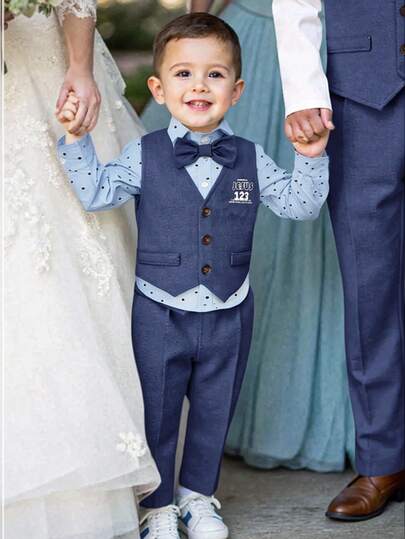 SHEIN 3pcs Young Boys' Blue Long Sleeve Shirt, Vest And Pants Set With Bow Tie, Casual Formal Comfortable Soft Fabric, Versatile For Occasions Like Parties, Weddings, Spring/Summer