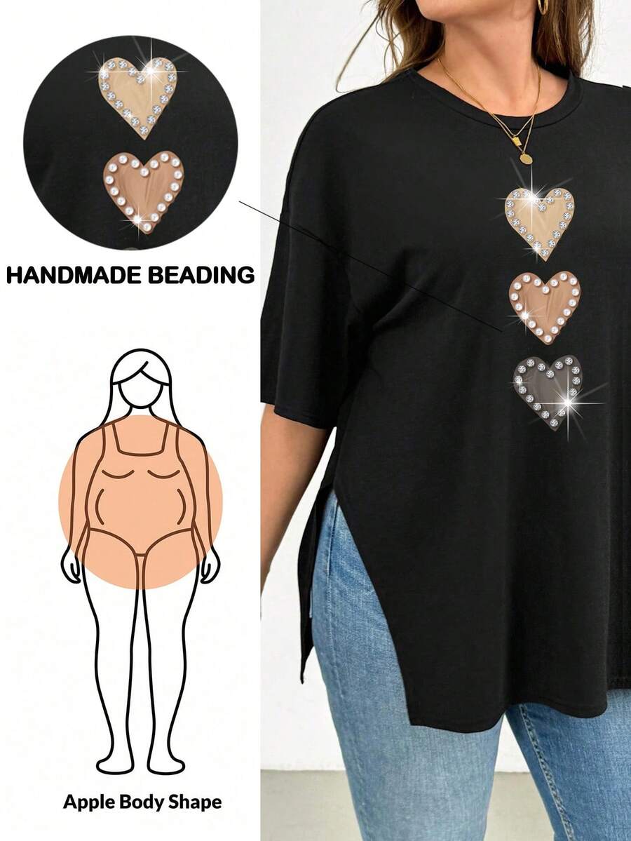 SHEIN Essnce Heart Print Hem Slit Plus Size T-Shirt - Multicolor - View 1