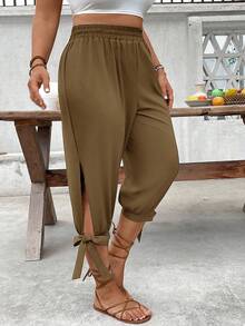 SHEIN CURVE+ Plus Size High Waist Drawstring 7/8 Pants, Spring/Summer - Coffee Brown - View 6