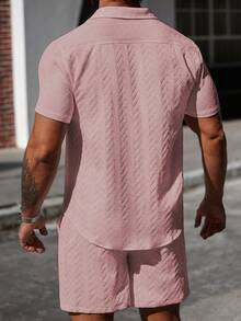 Manfinity CasualCool Men's Solid Color Casual Short Sleeve Shirt Set, Versatile For Summer - Pink - View 2