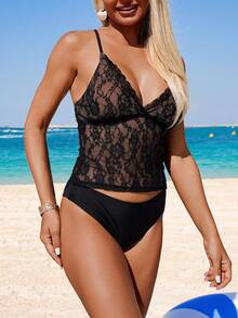 Swim Lushoire 女士夏季沙滩蕾丝性感吊带背心泳衣套装 - 黑色 - 查看 4