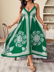 Weeklong Plus Size Summer Vacation Printed Asymmetric Hem Cami Dress - Green - View 6