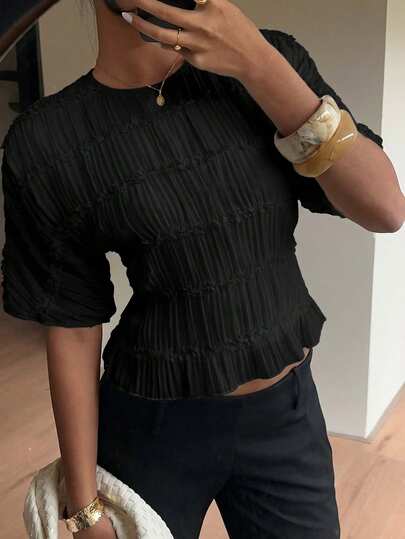 Siren Gaze Women's Solid Color Lace Ruffle Crew Neck Blouse, Flare Sleeve, Elegant Shirt, Solid Color Crew Neck Ruffle Top, Suitable For Raves, Music Festivals, Ibiza, Coachella, Can Be Worn As Outerwear, Multi-Layer Ruffle Blouse, Ruffle Top, Cinched Waist Shirt, Summer,Summer Top