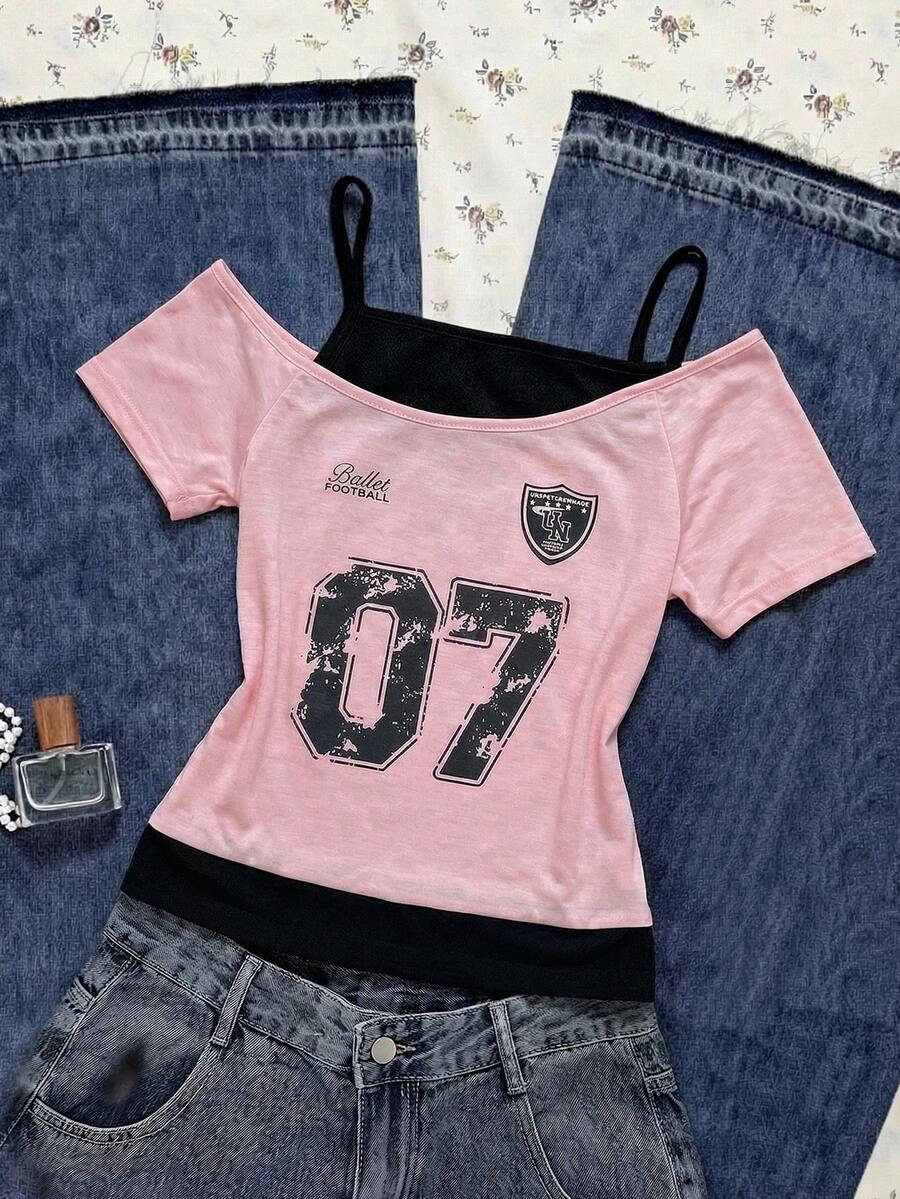 Sparklyn 这款少女休闲二合一街头风T恤，印有字母标语和汽车图案，采用露肩短袖设计，适合夏季休闲活动、购物和拍照。 - 彩色 - 查看 1