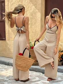 SHEIN Frenchy Women's Sexy Vacation Style Contrast Binding Tie Backless Wide Leg Jumpsuit - Apricot - View 1