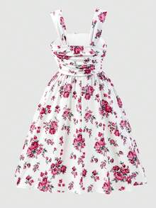 SHEIN Đầm ngắn không tay in hoa thời trang dành cho bé gái tuổi teen, thích hợp cho các buổi đi chơi, tụ họp và tiệc tùng. - Hồng - Xem 2