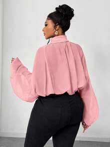 Maweii Blusa elegante de unicolor con volantes y mangas farol para tallas grandes, otoño - Rosa - Ver 7