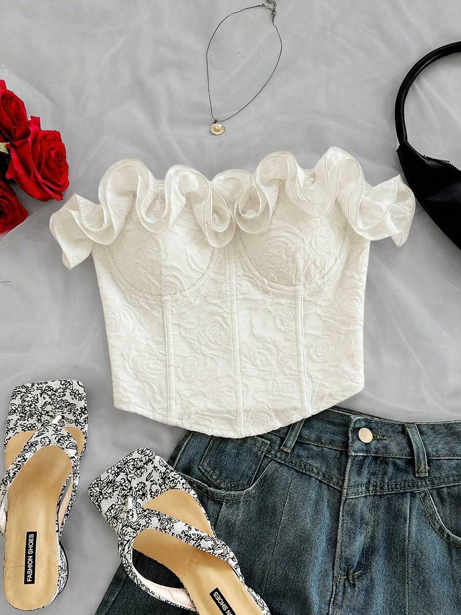 Soleia Women's Solid Color Ruffle Trim Bandeau Top White Ruffle Top White Top Cute White Top Sweetheart Neckline Tops,Summer Top - Apricot - View 1