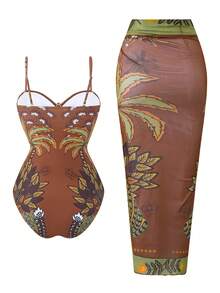 Swim Oasis Bộ bikini 2 mảnh kiểu tankini buộc cổ yếm in họa tiết cây nhiệt đới dành cho nữ, thích hợp mặc đi biển mùa hè, kèm dây đeo vai điều chỉnh được và váy. - Nhiều màu - Xem 2