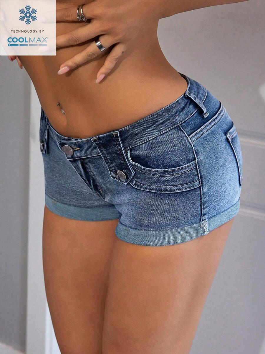 SHEIN ICON 女士口袋修身休闲高街牛仔短裤 - 中等水洗藍 - 查看 1