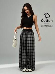 SHEIN PETITE Pantalones anchos de pierna ancha a cuadros casuales y sueltos para mujer - Blanco y Negro - Ver 6