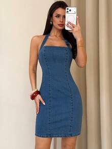Firerie Women's Fashion Halter Neck Fitted Denim Dress Summer Carnival Costume Commuting Vacation Graduation Chic Y2k Cute Streetwear - Blue - View 3