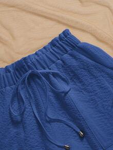 Almamuse Pantalones cortos casuales y versátiles de mujer talla grande de unicolor con cordón en la cintura y bolsillos - Azul Marino - Ver 7