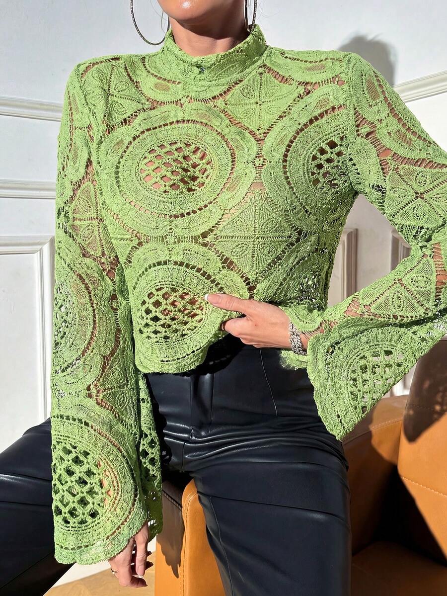 Glamine 女士镂空花卉长袖绿色透视上衣，约会之夜 - 綠色 - 查看 1