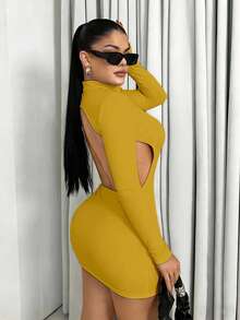 Sirith 新款秋季简约复古修身性感露背迷你连衣裙（女款） - 黃色 - 查看 2