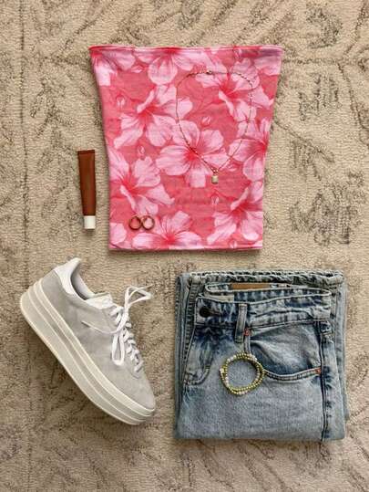 Glimmora Este top sin tirantes con estampado floral rosa de los años 2000 es perfecto para vacaciones en la isla y uso diario, ideal para la playa o cualquier ocasión.