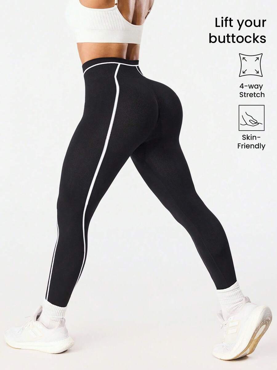 SHEIN Sports 女士无缝黑白条纹紧身裤，适合户外健身和运动 - 黑與白 - 查看 1
