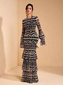 JIAN LASALA Vestido bohemio de mujer con cuello redondo, mangas acampanadas y estampado total de malla, para vacaciones y uso casual - Multicolor - Ver 5